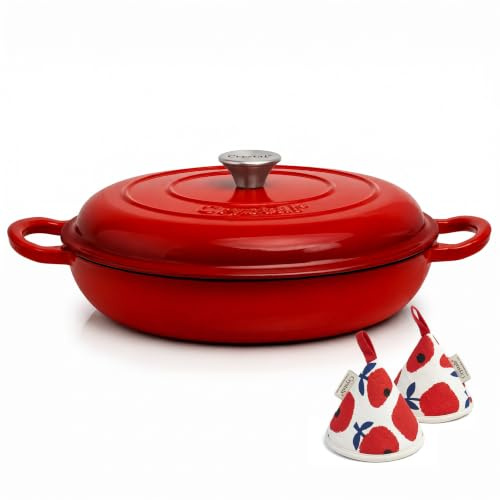 Crystals Cast Iron Round Casserole Dish with Lid, 26 cm / 28 cm Stock Pot, Enameled Cast Iron Dutch Oven, Cooking Pot for Induction, Gas & Oven, Stew, Soup, Bread & Roasting (Cherry Red, 31cm)