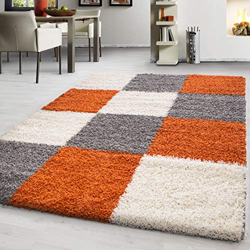 Teppium Tapis à Poils Longs pour Salon, Design à Carreaux, Chambre, Salle à Manger, Tapis de Cuisine Doux et Moelleux, Facile d'entretien Taille: 120 x 170 cm, Couleur: Terre Cuite