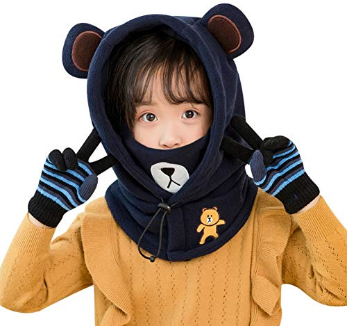 ITODA Vindtät balaklava huva hatt varm hel ansiktsmask pojkar flickor söt björn fleece vinter mössa halsvärmare termisk skidåkning huva för barn 6-12 år, BLÅ, one size