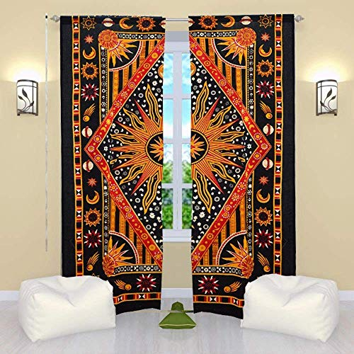 Popular Handicrafts Indische brennende Sonne, Hippie-Mandala-Fenstervorhänge, Bohemian-Stil, Sonne, Mond, schöne Vorhänge, Schlafzimmer, Wohnzimmer, Balkon, Volant, Paneele, goldfarben