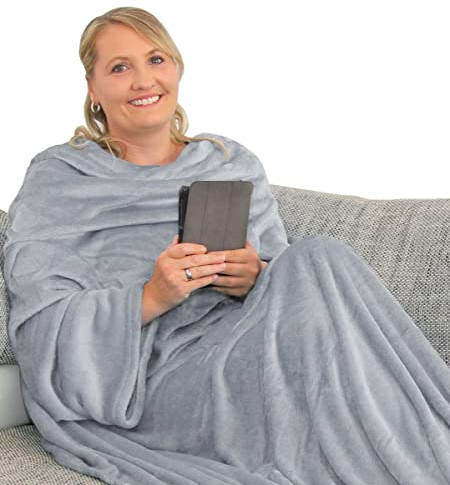 L.E.M.B. Hometrends Kuscheldecke mit Ärmeln TV Decke Sofadecke Ärmeldecke Wohndecke Fleecedecke Mikrofaser Strokkur 170 x 200 cm hellgrau