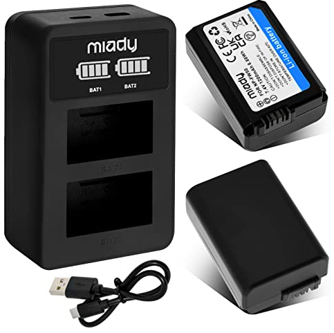 Miady NP-FW50 Batterie 1200 mAh et chargeur double LCD, compatible avec Sony A6000, A6500, A6400, A6300, NEX 3/5/7 et SLT-A Series, RX10, etc.