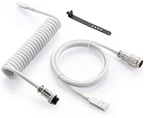 GUNMJO Pro Câble USB C spiralé pour clavier de jeu, câble de clavier mécanique à double manchon avec aviateur en métal amovible, 1,5 m USB-C vers USB-A, blanc