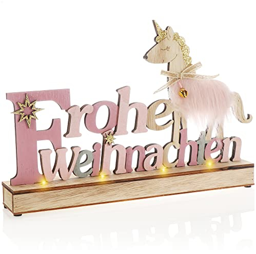 com-four® LED Deko Aufsteller aus Holz - beleuchteter Schriftzug auf Holzsockel - Deko-Schriftzug zum Hinstellen für Weihnachten - Stimmungslicht mit Timer (rosa + Einhorn)
