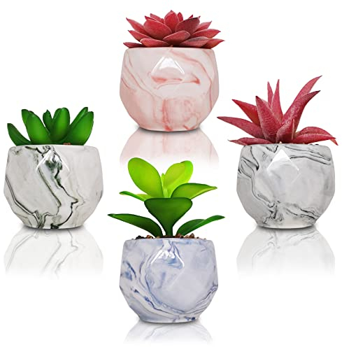 SAJANDAS Lot de 4 Petites Plantes succulentes artificielles Vertes et Roses à l'intérieur dans des Pots à Motif marbre, Pots en céramique colorés pour la Maison, la Salle de Bain, Le Bureau