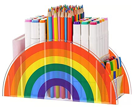 Kaizuca Stationery Organizer, Clear Pencil Holder, Rainbow Pencil Holder, Acrylic, with 5 Compartments, Creative Rainbow Shape, for Office, School, Home Supplies, Pen Organizer Storage