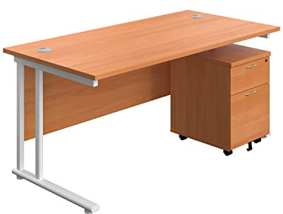 Office Hippo Heavy Duty Rectangular Cantilever Office Desk, Home Office Desk With 2 Drawer Lockable Mobile Pedestal Filing Cabinet, File Cabinet, 5 Yr Wty, White Frame, Beech, 180 x 80 cm