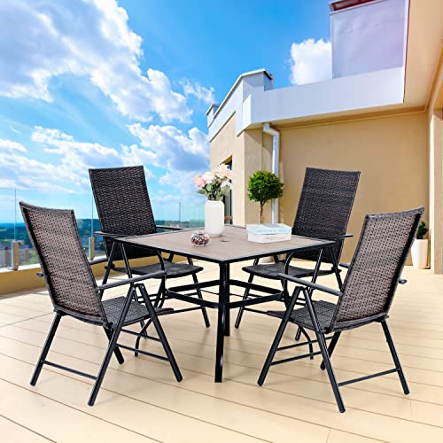 MFSTUDIO Polyrattan Gartenmöbel Set, 94cm Quadratische Tisch mit 4cm Schirmloch und 4 Rattan Klappstuhl, Balkonmöbel Set,Gartentisch mit Stühlen Set für Terrasse, Balkon, Bistro, Garten