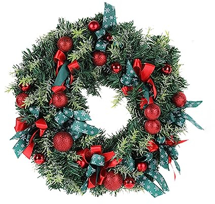 AMZLORD Künstlicher Weihnachtskranz for Tür, 33cm Türkranz Weihnachten außen und innen, mit Weihnachtskugeln, Rote Beeren, Schleife for Haustür, Kamin und Wanddekoration Dekor