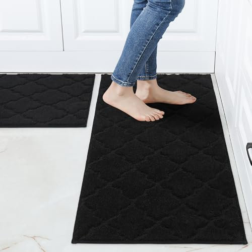 COSY HOMMER Nonslip Kitchen Rug Set 2 Pack, 51x76cm+51x122cm, 100% Polyester Absorbent Soft Kitchen Floor Mats Carpet Rug Mat Runners,Machine Washable & Anti-skid TPR Backing,Black