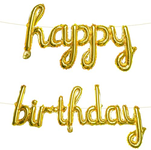 2pcs Bannière Ballon, 40cm Happy Birthday Banner avec Ruban et Paille Ballons de Script Joyeux Anniversaire Signe Joyeux Anniversaire pour Toile de Fond (Or)