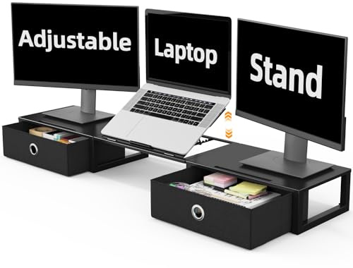 WESTREE Monitorständer mit verstellbarem Laptop-Ständer, Stahlrahmen, Dual-Monitor-Ständer mit zwei Schubladen für 2 Monitore, Desktop-Oraganizer-Ständer für Computer, Laptop, Bildschirm