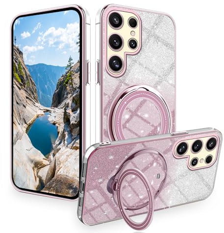 Handyhülle Kompatibel mit Samsung Galaxy S24 Ultra Hülle Silikon mit Ring, Schutzhülle Samsung S24 Ultra Case Glitzer Unterstützung für Wireless-Aufladen Stoßfest Kratzfest Luxus Cover (Rosa)