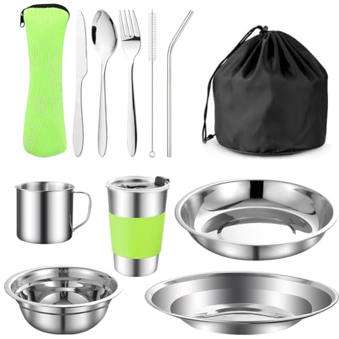 Gohytal Juego de 10 cubertería para camping, juego de cubiertos de camping portátil, de acero inoxidable, con cuchara, plato, cuenco, tenedor, taza, ultraligero, utensilios de cocina y accesorios para