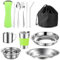 Gohytal Camping Besteck Set, 10er Campingbesteck Set Tragbar Camping Besteckset Edelstahl mit Löffel Teller Schüssel Göffel Tasse Ultraleicht Outdoor Kochgeschirr und Zubehör für Camping(Grün)
