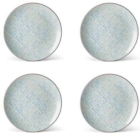 Evviva Piatti Piani, Set da 4, in Stoneware, 4 Piatti Piani da 25 cm, Moderni e Colorati, Motivi Geometrici. Modello: Althea, Juta Azzurro