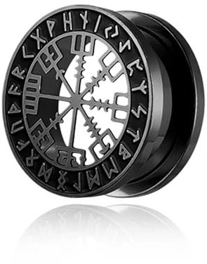 BlackAmazement 316L Edelstahl Flesh Ohr Tunnel Plug Piercing Vegvisir Aegishjalmur Aegishjalmr Wikinger Symbol Schreckenshelm Runen Kreis schwarz silber Biker Herren (Farbe Schwarz - Ø 08mm - 1 Stück)