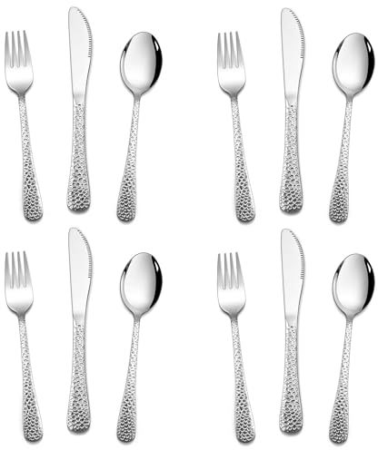 Joyfair 12 Pcs Kids Cutlery Set, Premium Stainless Steel Children Cutlery Set, Toddler Flatware/Child Eating Utensils Include 4 Forks, 4 Spoons, 4 Safe Knives, Hammered Design & Dishwasher Safe