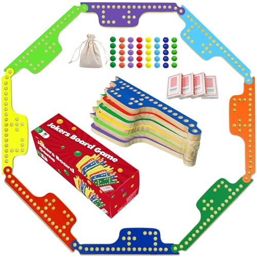 Dreamplay Gifts Colorful Jokers and Marbles Board Game Pegs and Jokers Card Game for 2-8 Players 8 Solid Wood Game Boards 8 Colors 40 Marbles 4 Decks of Cards Cards Full Size Game Set (8color)
