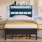 Furnulem Doppelbettrahmen mit Ladestation und LED-Lichtern, Doppelbett mit Metalllamellen, Holzkopfteil mit 2-stöckigen Ablagen, kein Boxspringbett erforderlich, schwarze Eiche