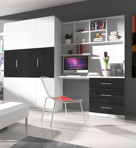 Generisch Jugendmöbel TOMI Schrank/Regal mit Schreibtisch Kindermöbel Hochglanz Jugendzimmer Komplet (Weiß/Schwarz)