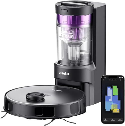 EUREKA E10s 2.Gen Saug- & Wischroboter + beutelloser Multi-Zyklon-Absaugstation (4000Pa, auto Teppicherkennung, auto Mop Lifting, LiDAR-Navigation, ideal gegen Tierhaare, App-/Sprachsteuerung) schwarz