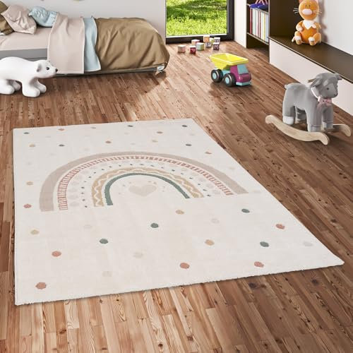 Happy Kids Kinderteppich Rainbow Creme - Weich, Strapazierfähig & Schadstoffgeprüft - Hoch-Tief-Struktur, 100% Polypropylen, Pflegeleicht, rutschfest - Perfekt für Kinderzimmer