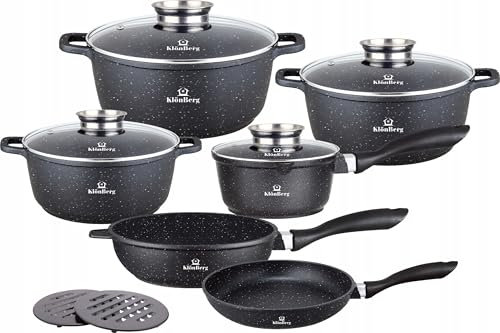 Klönberg 12-teiliges Topfset, antihaftbeschichtet, ideal für alle Herdarten, mit Deckel, schnell aufheizbar, Induktionstöpfe,mit Pfanne KB4027 SCHWARZ