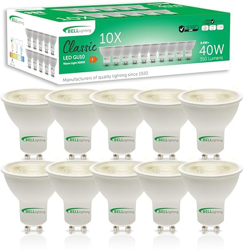 BELL Lighting GU10 Dimmable LED Spotlight Bulbs 4.4W 350lm 3000K 10 Pack | Dimmable GU10 LED spotlight bulbs with 3000K warm white light, 350lm output and 38 degree beam for downlights.