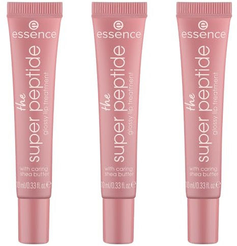 essence the super peptide glossy lip treatment, Lippenbalsam, Nr. 03, Braun, glättend, mit Vitaminen, pflegend, vegan, ohne Parabene, ohne Mikroplastikpartikel, Nanopartikel frei, 3er Pack (3x10ml)