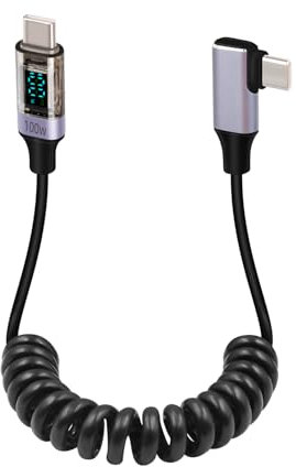 GELRHONR Câble USB C enroulé vers USB C avec écran LED, cordon de charge USBC rétractable à charge rapide PD 100W à 90 degrés pour téléphones, tablettes, banque d'alimentation et plus