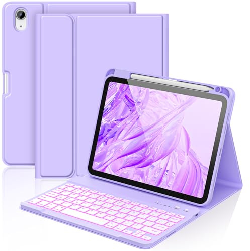 aMZCaSE for iPad A16 10/11th Generation Case with Keyboard 11/10.9 Inch(2025/2022),7 Color Backlight Keyboard Case,Detachable Wireless Keyboard Cove with Pen Holder for New iPad 11th Gen (Pale Purple)