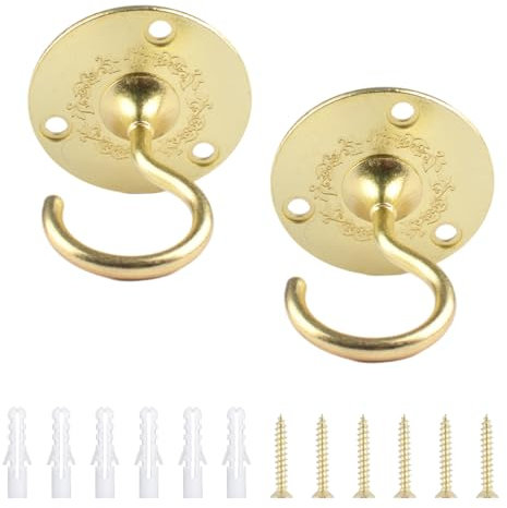 INCREWAY 2 PCS Vintage Gold Ceiling Hooks, Decorative Screw-in Plate Hooks for Chandeliers, Hanging Plants, Lamps & Bird Feeders Antique Style Ceiling Mount Hooks