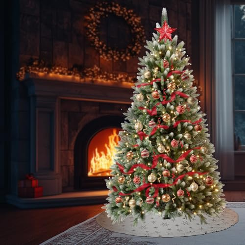 Soontrans Pre-lit Weihnachtsbaum mit Beleuchtung Wija Künstlicher Weihnachtsbaum mit Lichterkette 200 Warmweiß LEDs & 8 Leuchtmodi & Kunstschnee Beschichtung & 452 PE-PVC Zweigen & Holzständer (H150