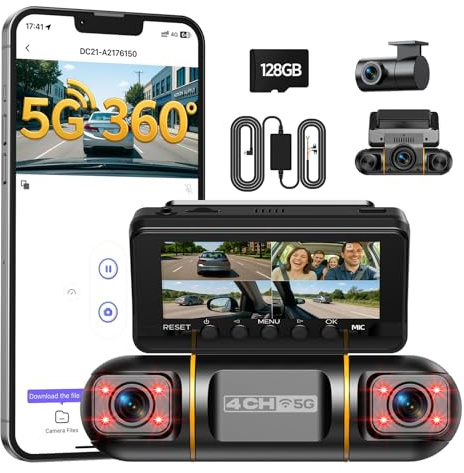 Volam 4 Kanal Dashcam Auto Vorne Hinten Innen, 5GHz WiFi 360 Grad Dashcam Auto Kamera mit 128GB SD Karte, 3.16 IPS-Bildschirm, Nachtsicht IR, 24/7 Parküberwachung mit Hardwire-Kit