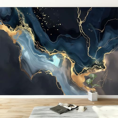 Papier peint panoramique abstrait fluide marbre rayures, Papier peint intissé bleu foncé art esthétique moderne pour salon adulte chambre d'Enfants restaurant décoration murale 250L x 175H cm
