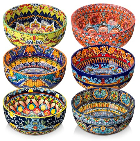 vancasso Cereal Bowls Set of 6, Porcelain Bowls for Eating, 28 oz Colorful Soup Bowls, Bohemian Ceramic Bowls for Salad, Fruit, Pasta, Microwave & Dishwasher Safe Bowls Set
