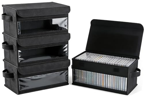 CD Aufbewahrungsbox mit sichtbarem Fenster,CD koffer Behälter für 128 CDs | DVD aufbewahrung mit Deckel und Griff,Faltbare Aufbewahrungsbox Geeignet für CDs, Bücher, Dokumente, Schwarz, 4 Stück