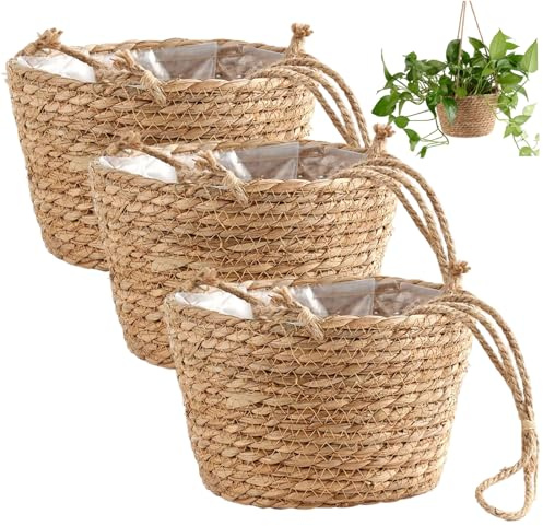 Grtheenumb Pflanzenkörbe für den Innenbereich, 3 Stück, Pflanzen-Hängekorb, 20, 3 x 12, 7 cm, gewebter Hänge-Pflanzgefäß mit Seil, rustikaler Boho-Korb-Pflanzgefäß für den Innenbereich