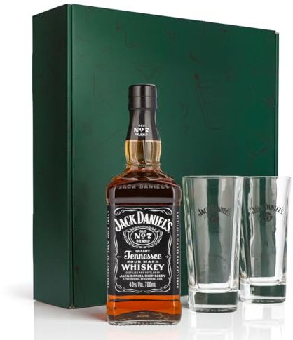 Sipply Geschenkset 3-teilig mit 2 Longdrinkgläser und 1 Flasche Jack Daniels 0,7l 40,0% Vol. | mit Geschenkverpackung: Grün | Geschenk für Frauen Männer Mama Papa Freundin zu Weihnachten Ostern