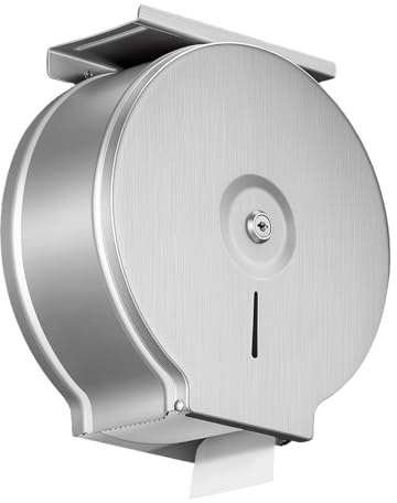 Paper Towel Dispenser,Stainless Steel Hand Towel Dispenser Lockable, Jumbo Toilet Roll Dispenser, Commercial Toilet Tissue Dispensers, Diameter 25cm(Silver with Shelf)