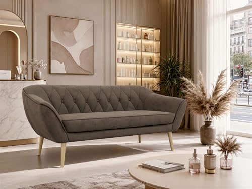 MKS MEBLE Sofa PIRS 3-Sitzer - Skandinavisches Design Couch, Gesteppte Polsterung, Wellenfederung, bequemes Polstersofa für Wohnzimmer - Buche Beine, Braun Velvet