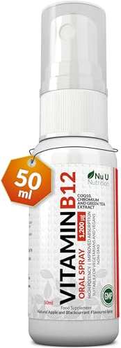 Vitamin B12 Spray 1,200 µg 50ml XL Bottle - 83 Servings - Methylated Sublingual Supplement - Natural Apple & Blackcurrant Flavour - with CoQ10, Chromium & Green Tea - Made in The UK - Nu U Nutrition