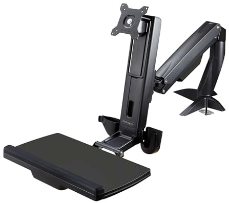StarTech.com Sit Stand Monitor Arm - Desk Mount Adjustable Sit-Stand Workstation Arm for Single 34 VESA Mount Display - Ergonomic Articulating Standing Desk Converter with Keyboard Tray (ARMSTSCP1)