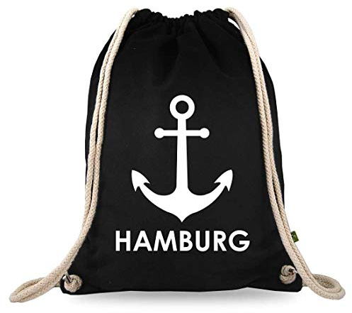 Turnbeutelliebe® Turnbeutel mit Motiv - Hamburg Anker - Baumwolle schwarz - Sportbeutel - Rucksack - Stoffbeutel - Gym Bag - ca. 12 Liter - 37 x 46 cm