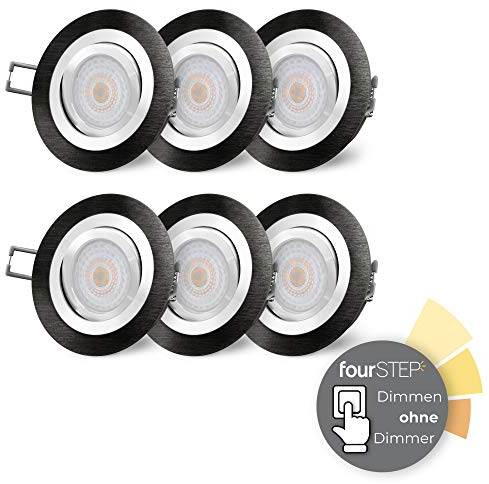 SSC-LUXon 6 Stück RF-2 LED Strahler Einbau flach fourSTEP 4W neutralweiß dimmen ohne Dimmer - Einbaustrahler schwarz schwenkbar