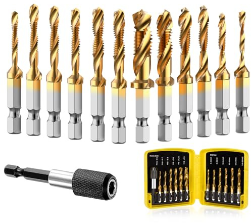 THINKWORK Combination Drill Tap & Tap Bit Set, 3-in-1 Titanium Coated Screw Tapping Bit Tool for Drilling, Tapping, Countersinking, with Quick-Change Adapter, 13 PCS SAE/Metric