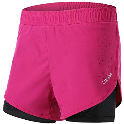 Lixada 2-in-1-Laufhose für Damen Schnell trocknend Atmungsaktiv Aktiv-Training Jogging-Radsport-Shorts mit längerem Innenschuh (Women Rosenrot & Schwarz, L)