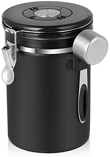 SMRONAR Airtight Coffee Canister, 623g/21oz Stainless Steel Coffe Beans Storage with Date Tracker, CO2-Release Valve and 1 Measure Spoon, Food Storage Container for Beans, Powders