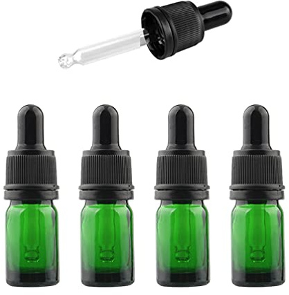 ZEOABSY 4 Pack, 5ml Empty Green Glass Dropper Bottles with Glass Pipettes, Tamper-evident screw cap for Essential Oil Aromatherapy Blends Cosmetic Elite Fluid Container, 1x funnel